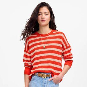 Madewell Linen Drop Shoulder Sweater Bright Flame Stripe Women’s Size XXS NWT